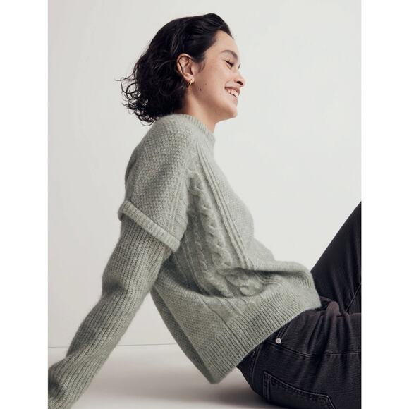 Madewell Cable Havener Pullover Sweater Wool Alpaca Cable Knit Sage 3X Boxy - Picture 2 of 16